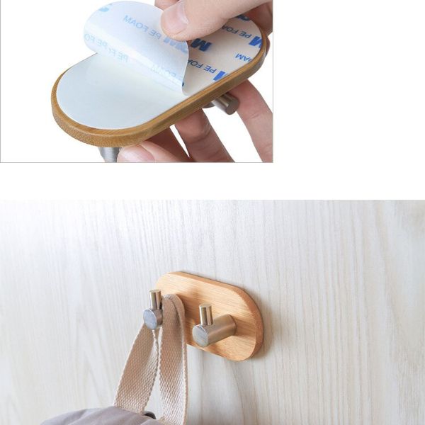 Natural Bamboo Stainless Steel Hook Wall Rustproof Shelf