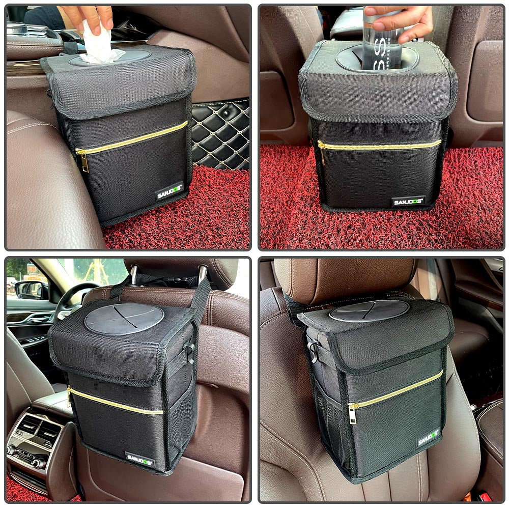 Car Trash Can with Lid and Storage Pockets