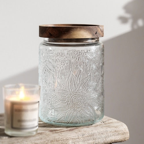 700ml Sealed Storage Jar Embossed Flower Glass