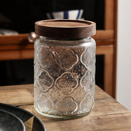 700ml Sealed Storage Jar Embossed Flower Glass