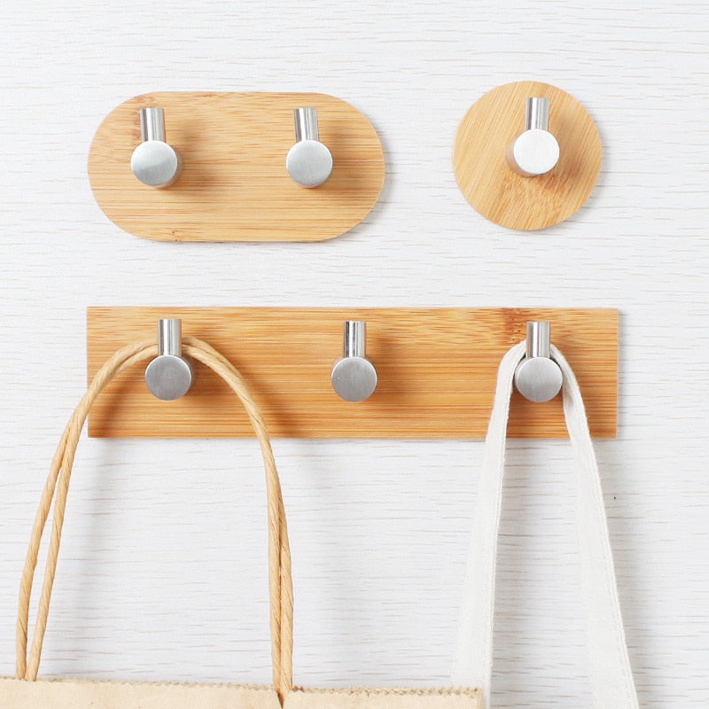 Natural Bamboo Stainless Steel Hook Wall Rustproof Shelf