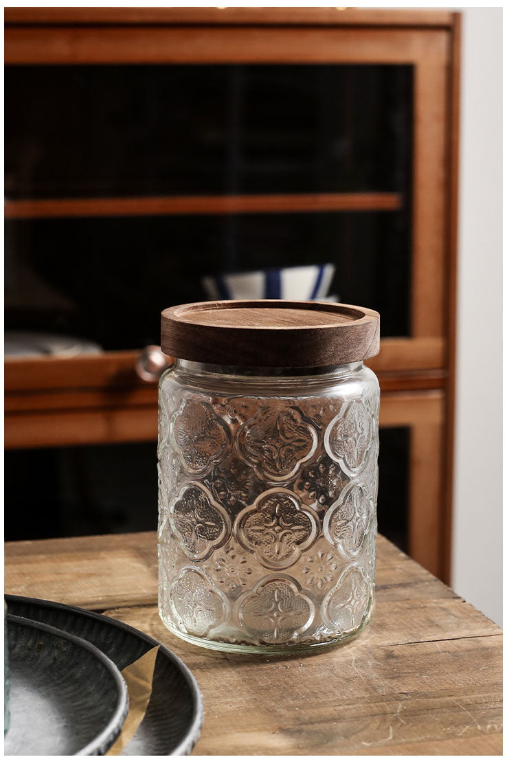 700ml Sealed Storage Jar Embossed Flower Glass