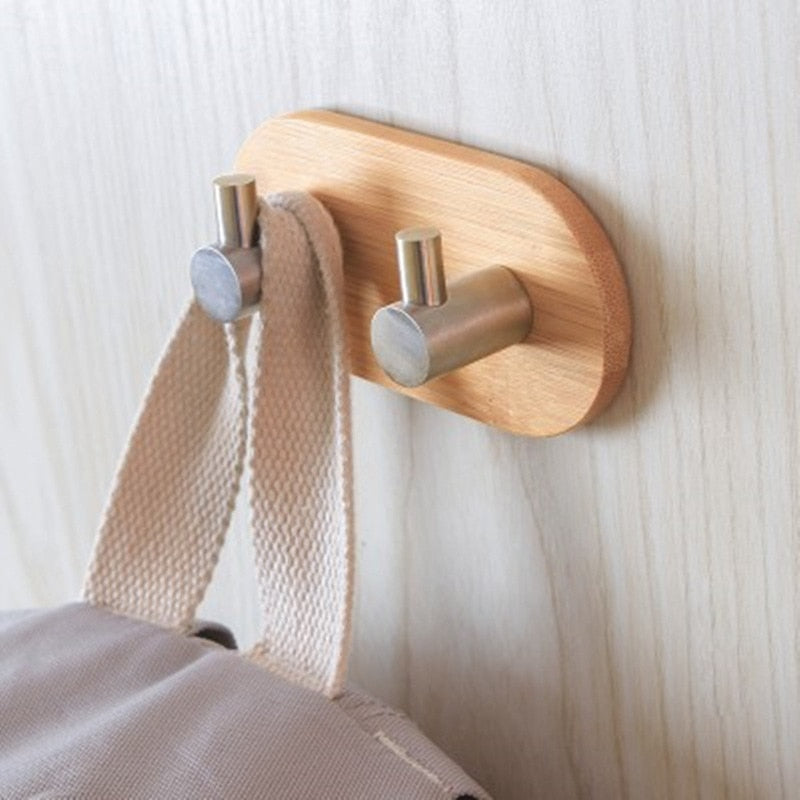 Natural Bamboo Stainless Steel Hook Wall Rustproof Shelf
