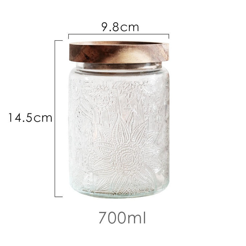 700ml Sealed Storage Jar Embossed Flower Glass