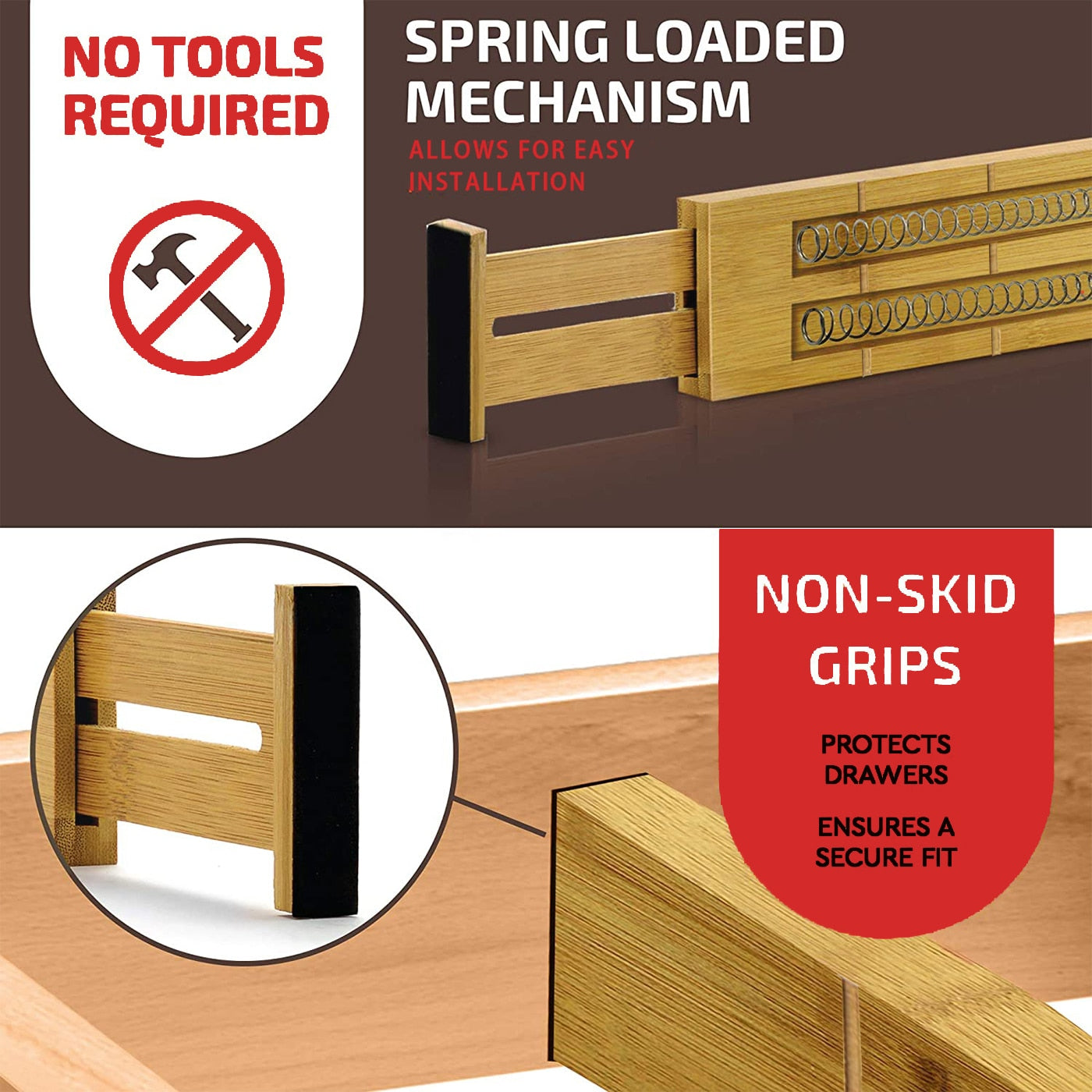 4Pcs Bamboo Drawer Dividers with 6 Inserts Adjustable Drawer Organizers