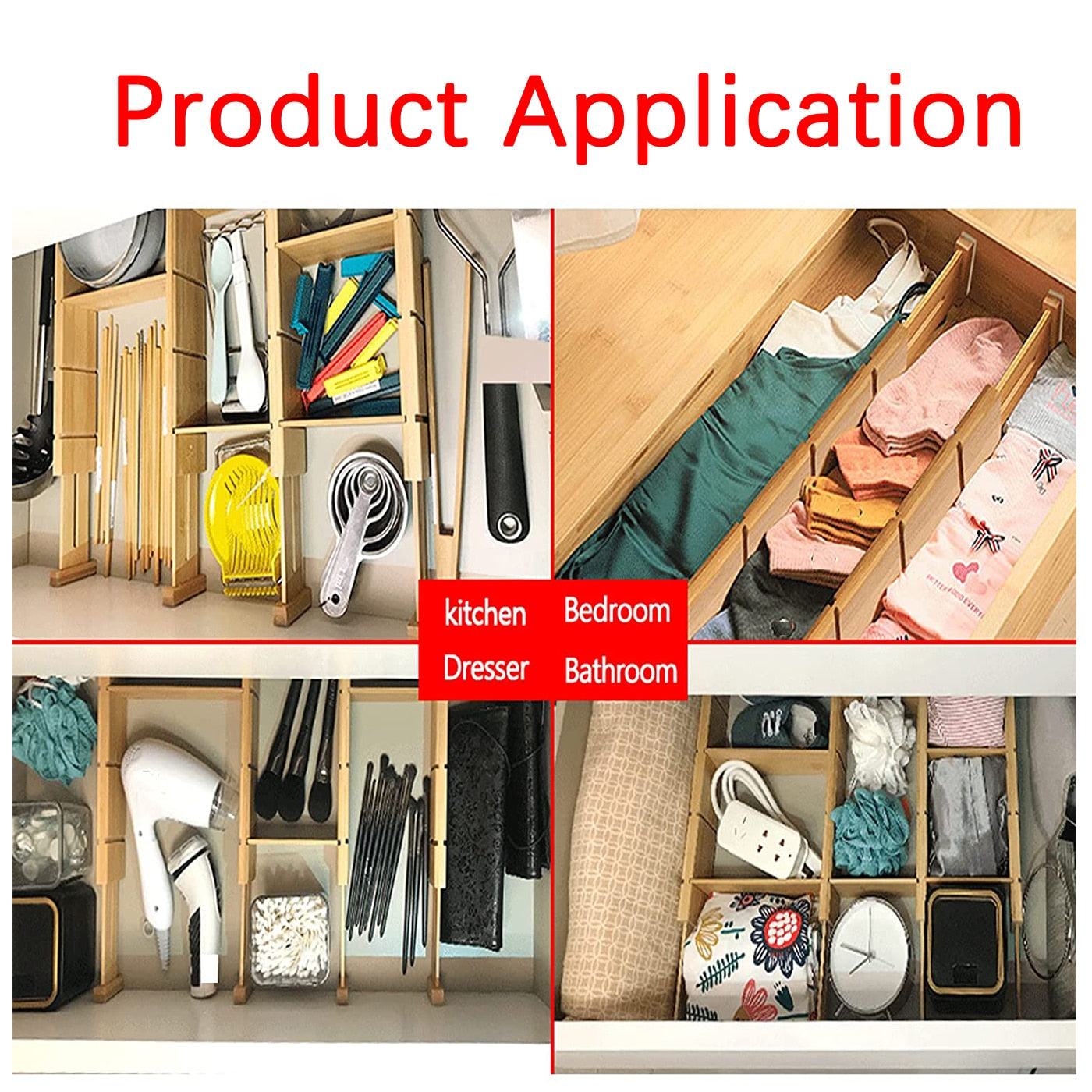 4 Pcs Bamboo Drawer Dividers Organizers Adjustable Expandable Spring Loaded  Drawer Separators for Kitchen Bedroom Dresser Offic