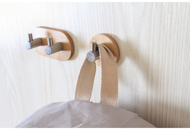 Natural Bamboo Stainless Steel Hook Wall Rustproof Shelf