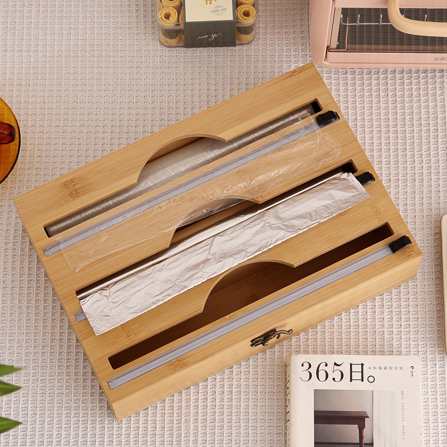 Bamboo Foil and Wrap Dispenser With Slide Cutter Sliding Divider