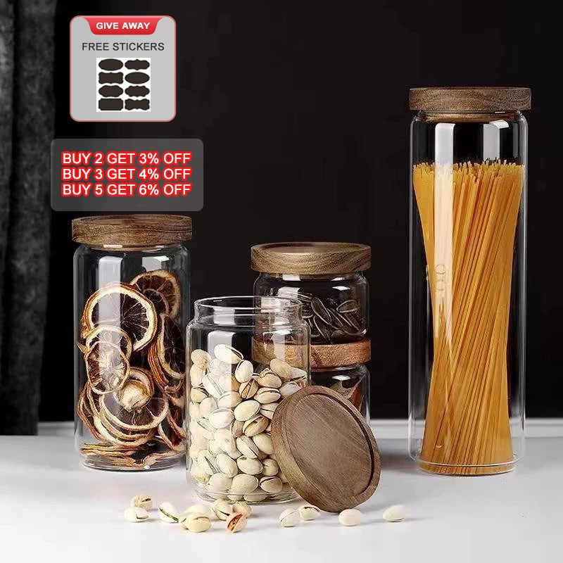 Glass Airtight Jars with Wooden Lid and Handle