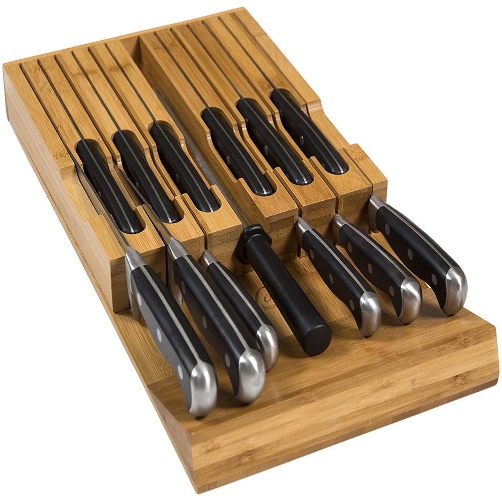 Knife Block Holder Natural Bamboo Cutlery Drawer Organizer