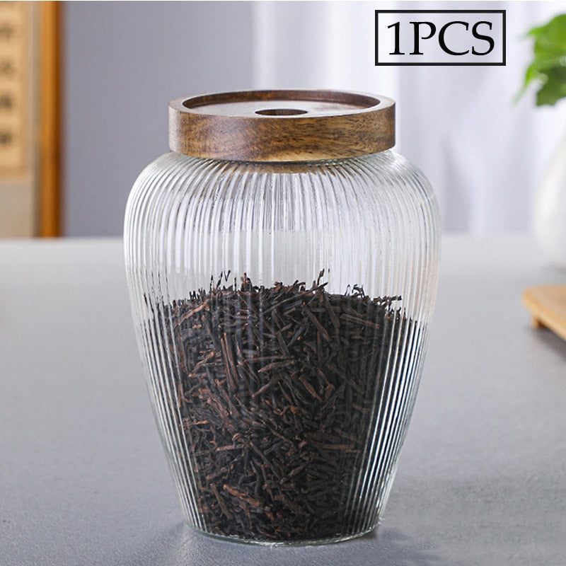 Wood Lid Glass Airtight Canister Storage Bottles Jar