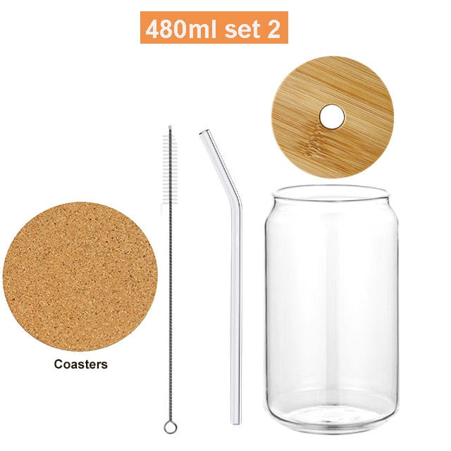 Glass Cup With Bamboo Lid and Straw