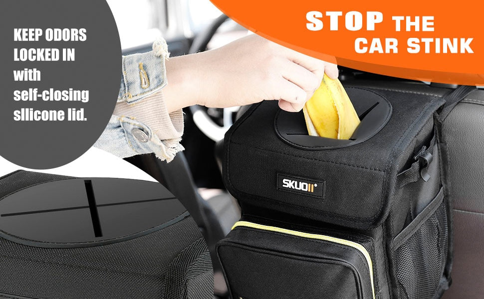 Car Trash Can with Lid and Storage Pockets