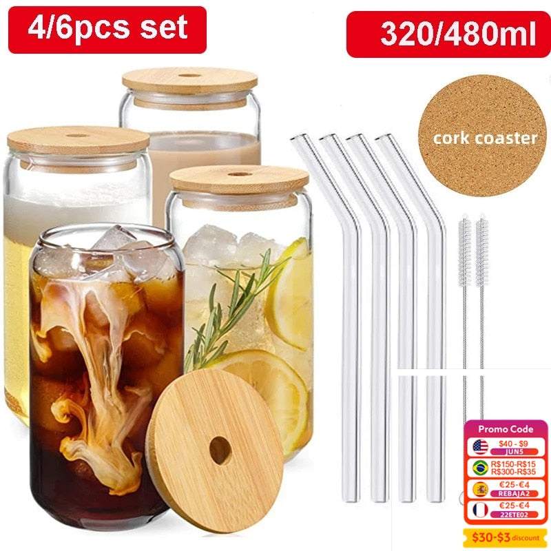 Glass Cup With Bamboo Lid and Straw