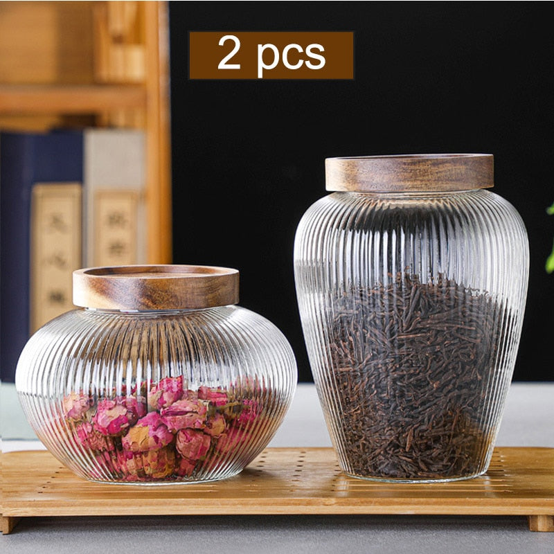 Wood Lid Glass Airtight Canister Storage Bottles Jar