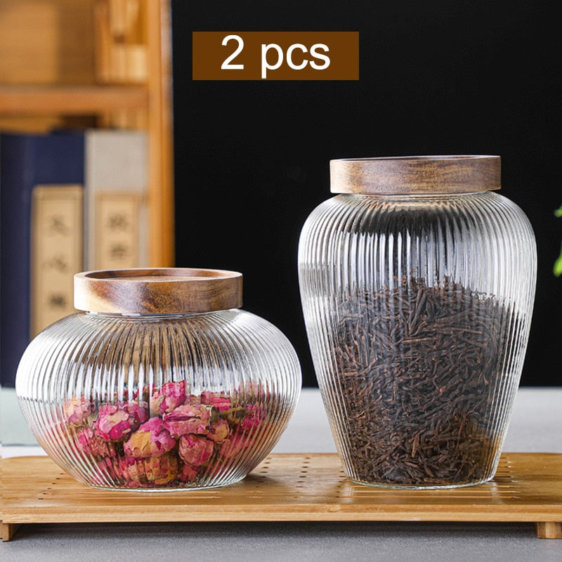 Wood Lid Glass Airtight Canister Storage Bottles Jar