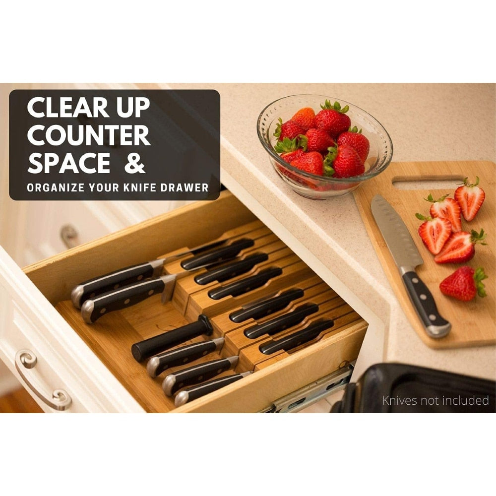 Knife Block Holder Natural Bamboo Cutlery Drawer Organizer