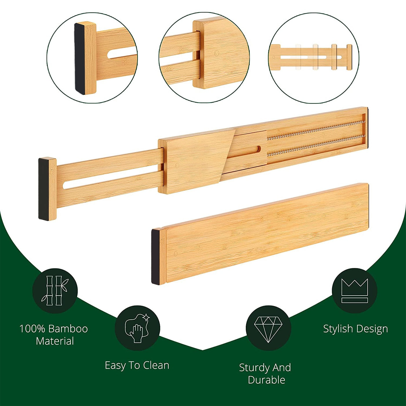 4Pcs Bamboo Drawer Dividers with 6 Inserts Adjustable Drawer Organizers